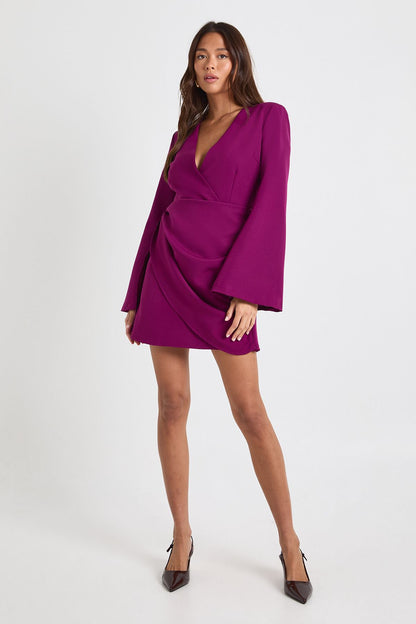 Tie Waist Collarless Draped Blazer Dress