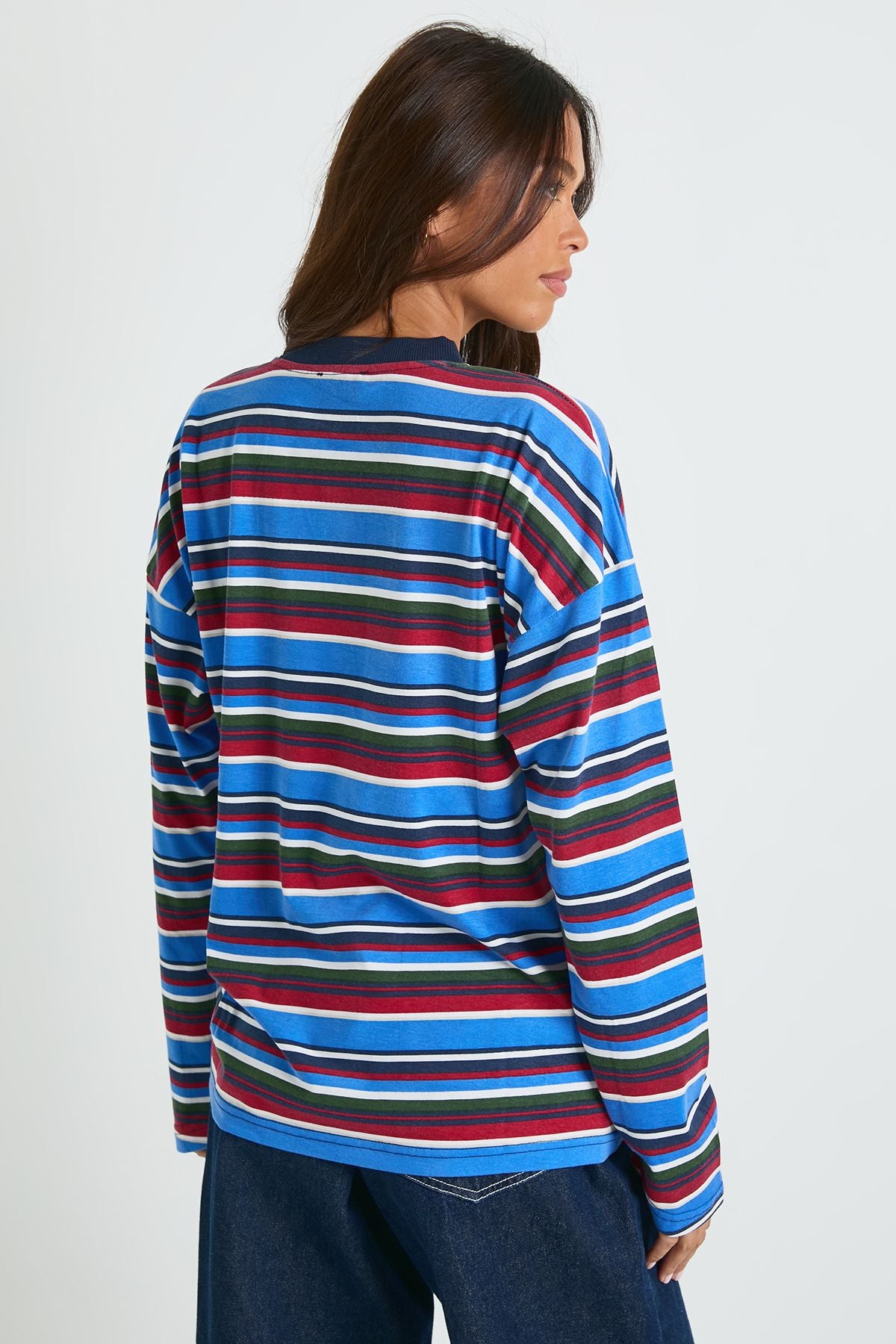 Striped Cotton Long Sleeve Pocket Detail Top