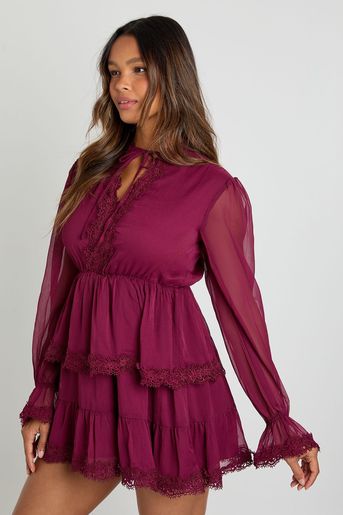 Chiffon Lace Detail Smock Dress