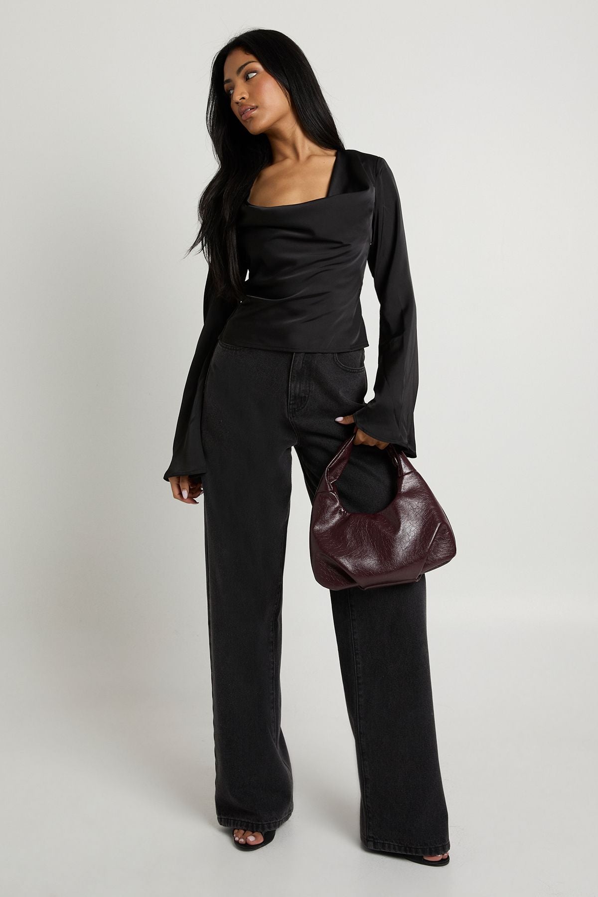 Long Sleeve Satin Cowl Neck Top