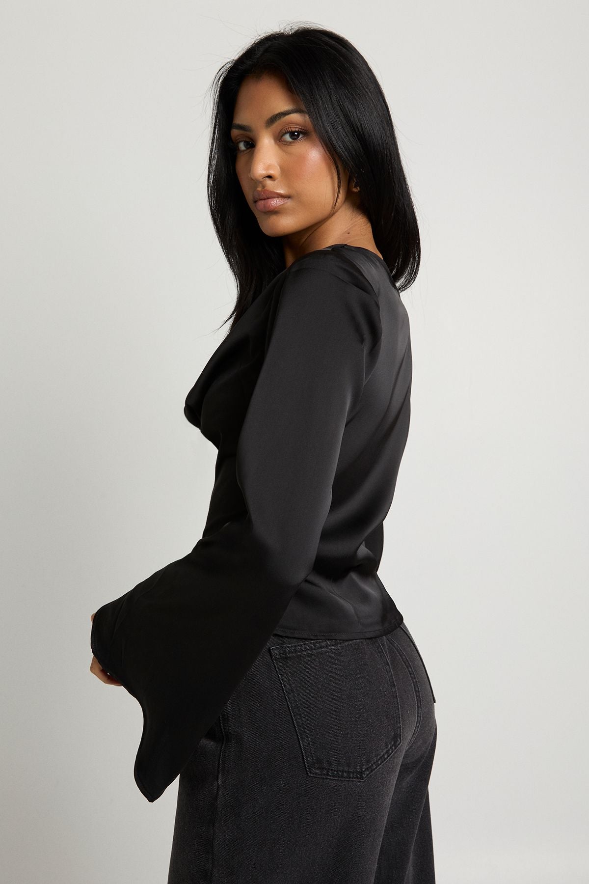 Long Sleeve Satin Cowl Neck Top