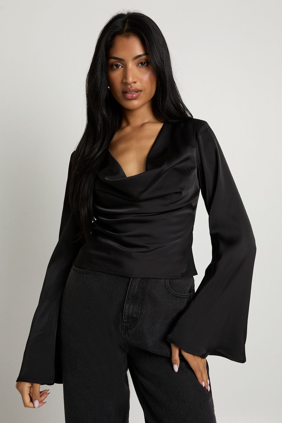 Long Sleeve Satin Cowl Neck Top