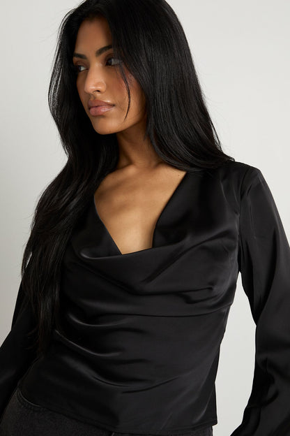 Long Sleeve Satin Cowl Neck Top
