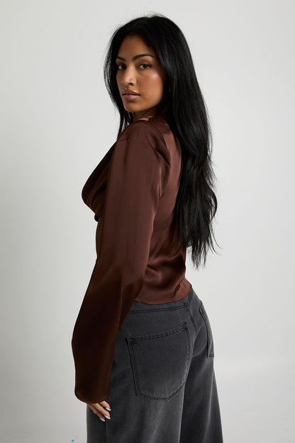 Long Sleeve Satin Cowl Neck Top