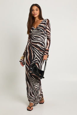 Zebra Printed Long Sleeve Maxi Dress