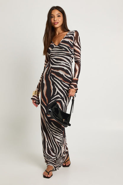 Zebra Printed Long Sleeve Maxi Dress