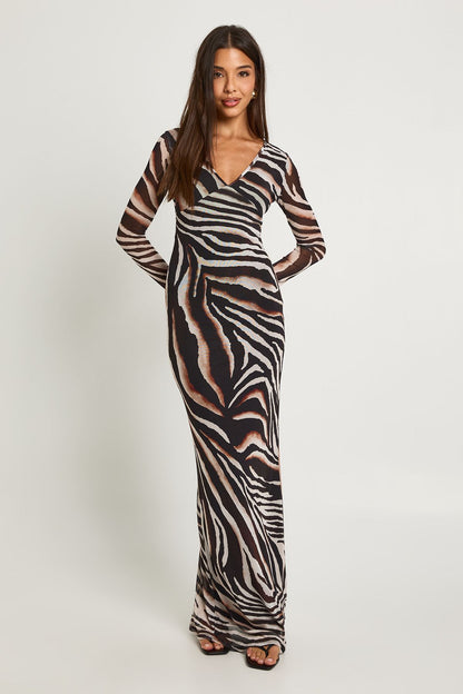 Zebra Printed Long Sleeve Maxi Dress