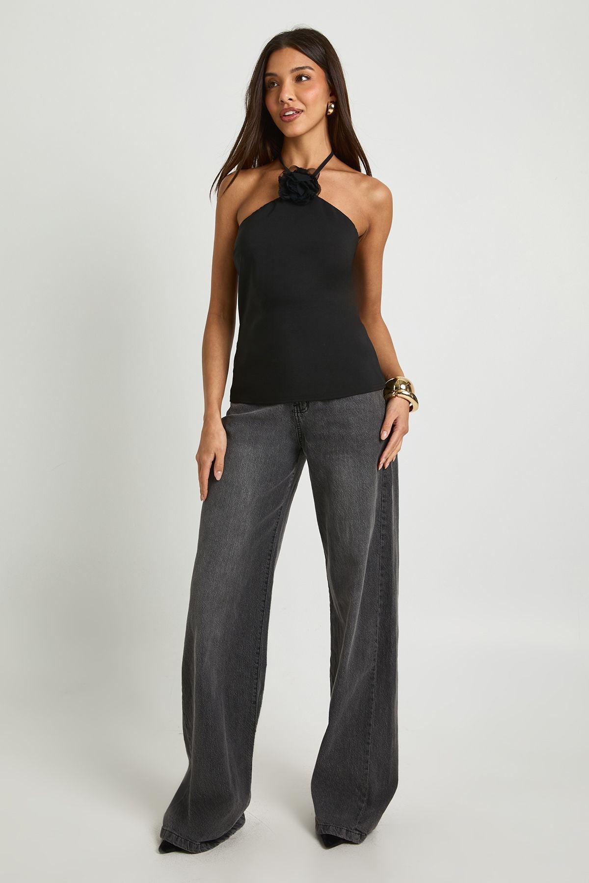 Crepe Flower Corsage Detail Halterneck Top