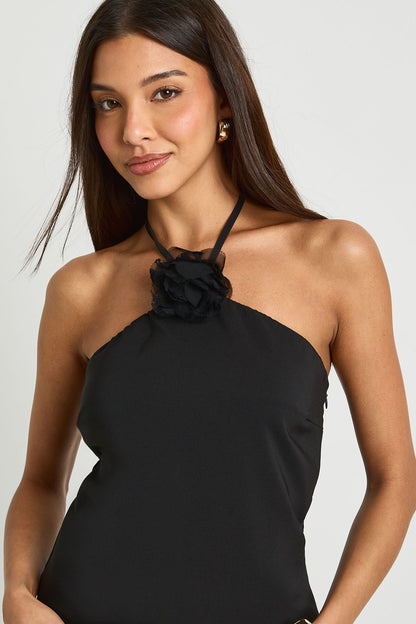 Crepe Flower Corsage Detail Halterneck Top