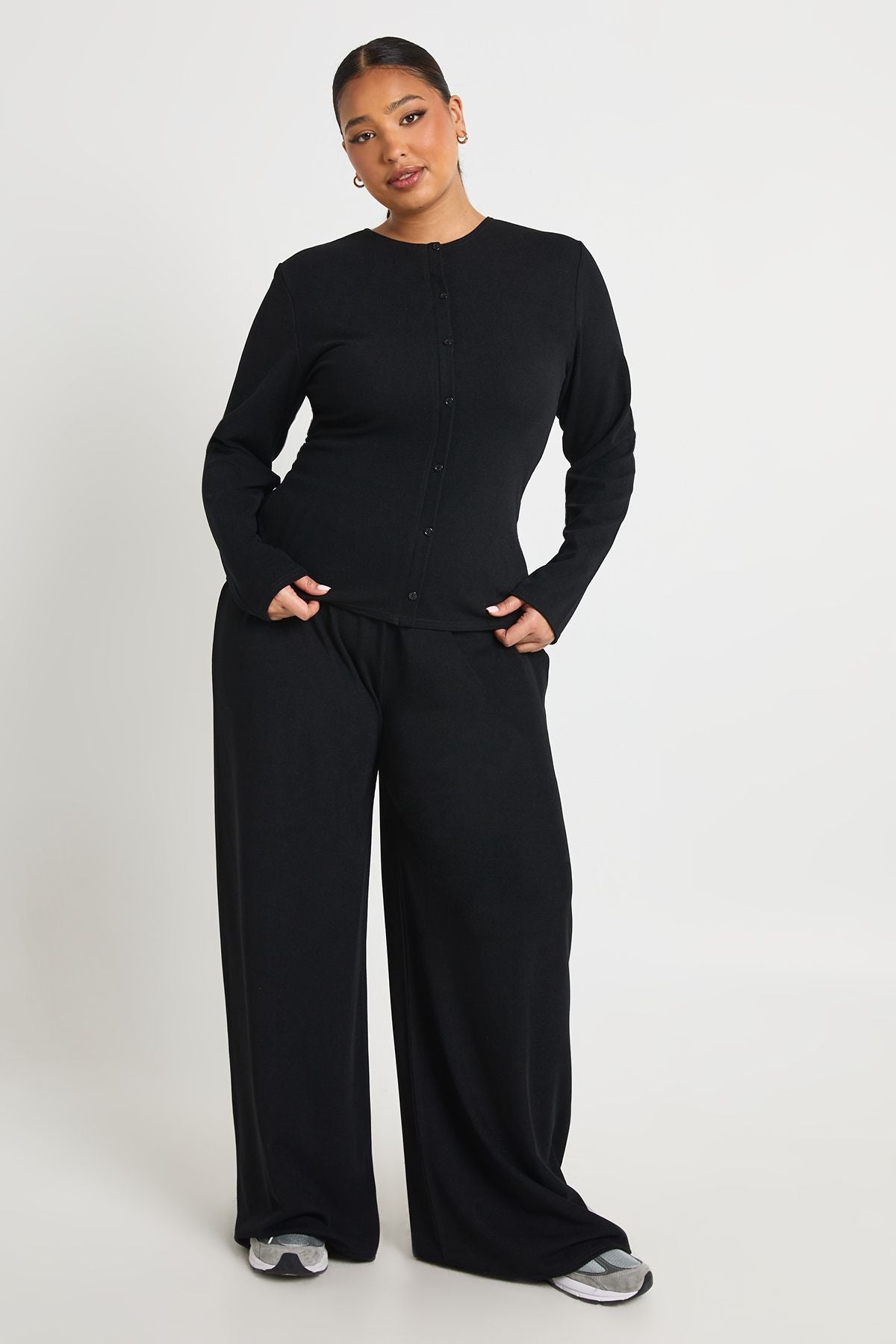 Plus Rib Button Through Long Sleeve Top & Trouser Co Ord
