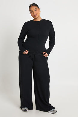 Plus Rib Button Through Long Sleeve Top & Trouser Co Ord