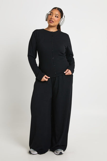 Plus Rib Button Through Long Sleeve Top & Trouser Co Ord
