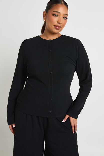 Plus Rib Button Through Long Sleeve Top & Trouser Co Ord