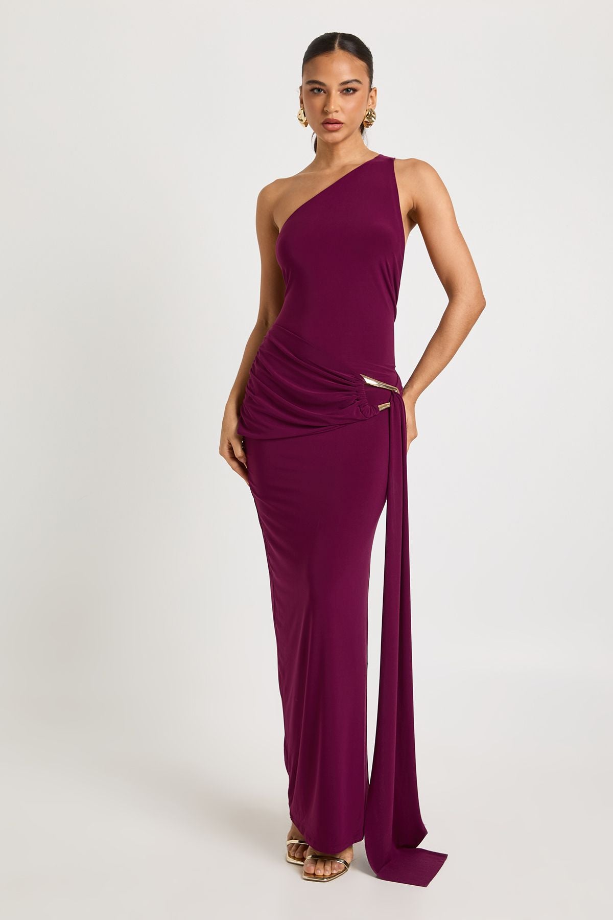 One Shoulder Trim Waist Wrap Maxi Dress