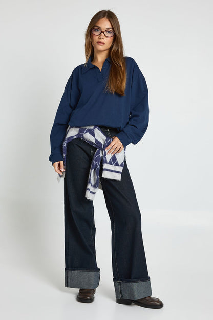 Heavy Cotton Button Detail Collared Rugby Top