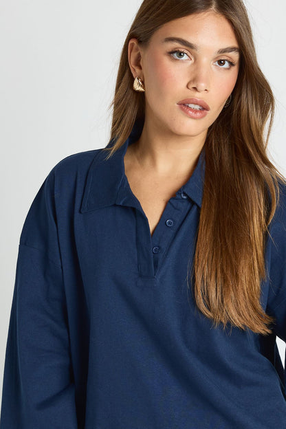 Heavy Cotton Button Detail Collared Rugby Top