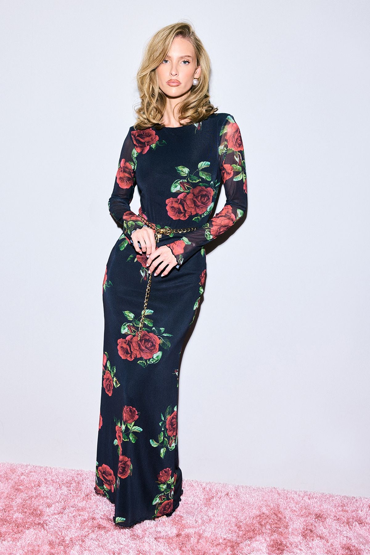 Rose  Print Mesh Maxi Skirt