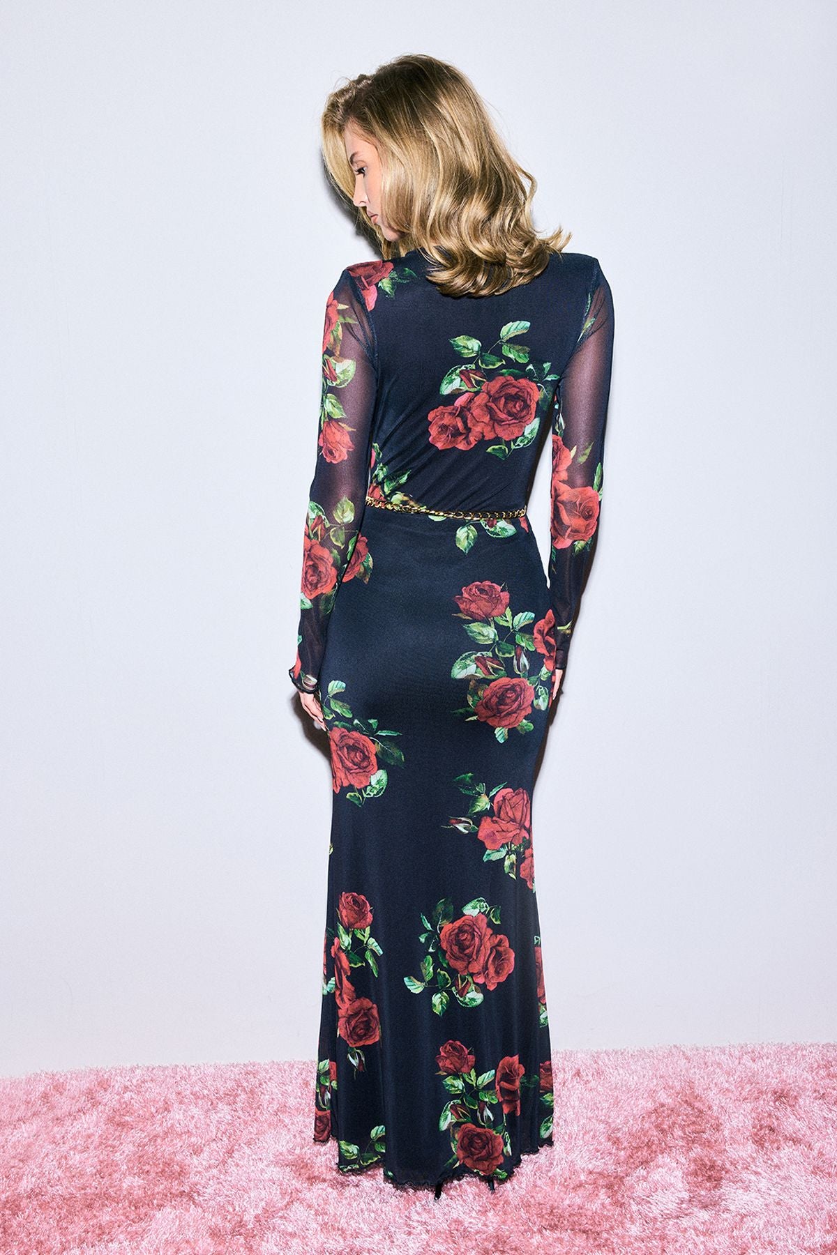 Rose  Print Mesh Maxi Skirt
