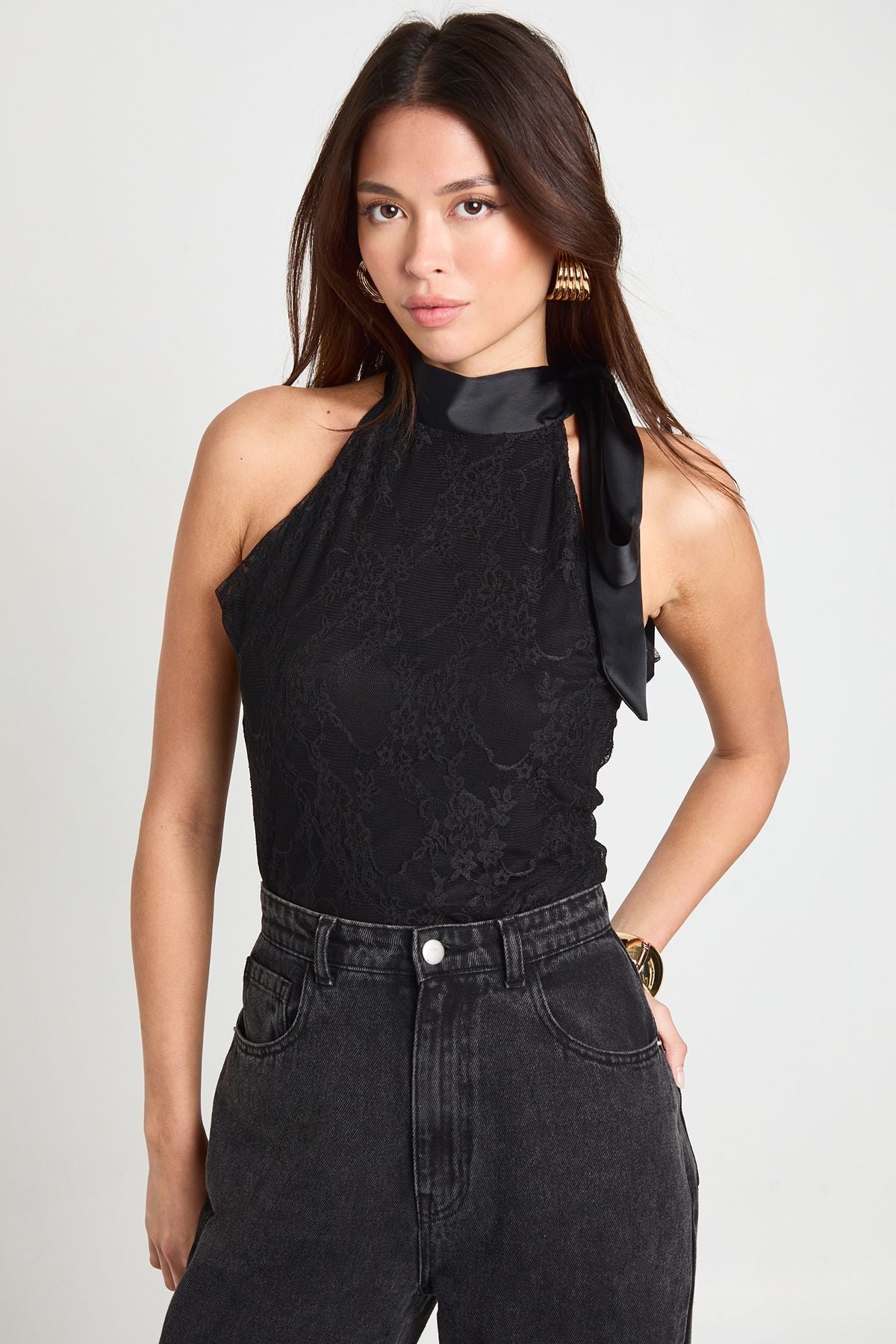 Lace Satin Bow Detail High Neck Bodysuit