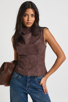 Faux Suede High Neck Cowl Top
