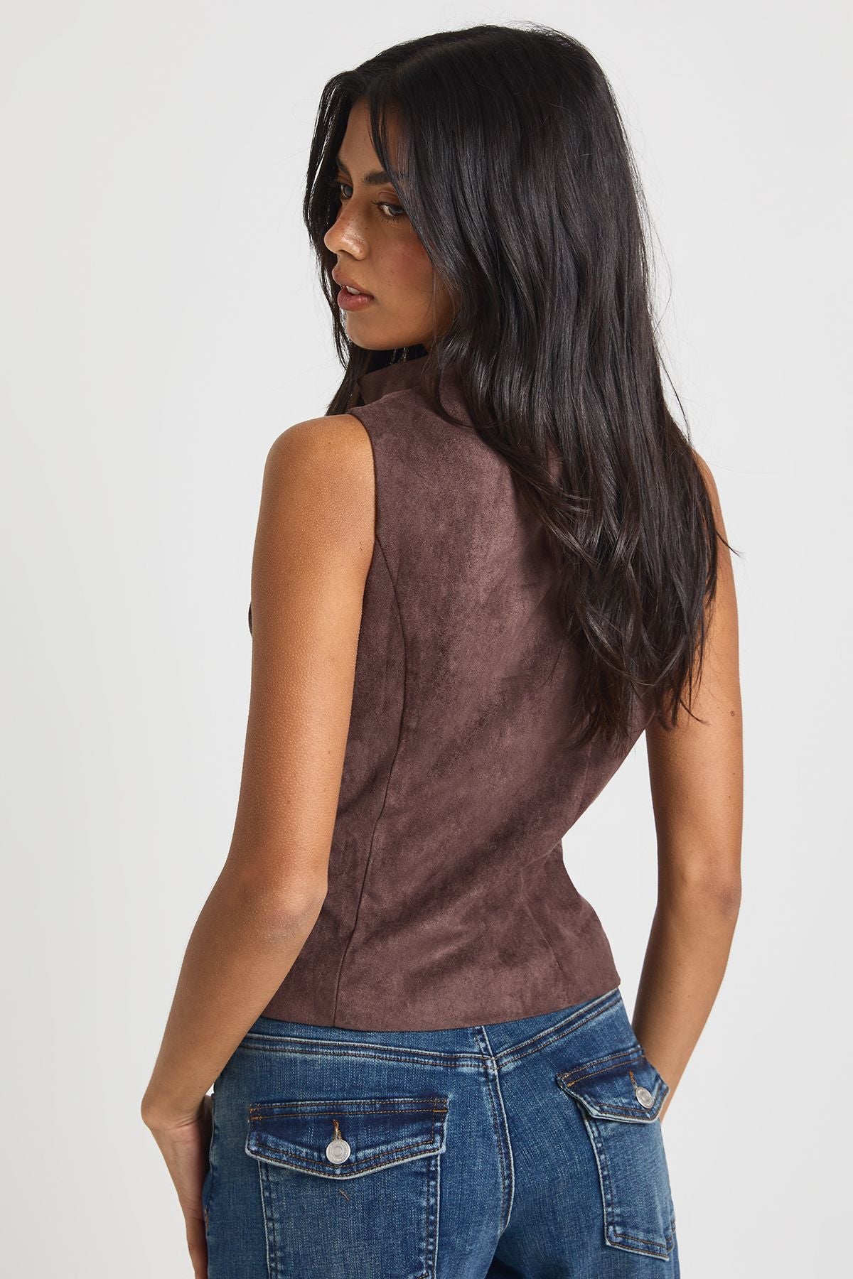 Faux Suede High Neck Cowl Top