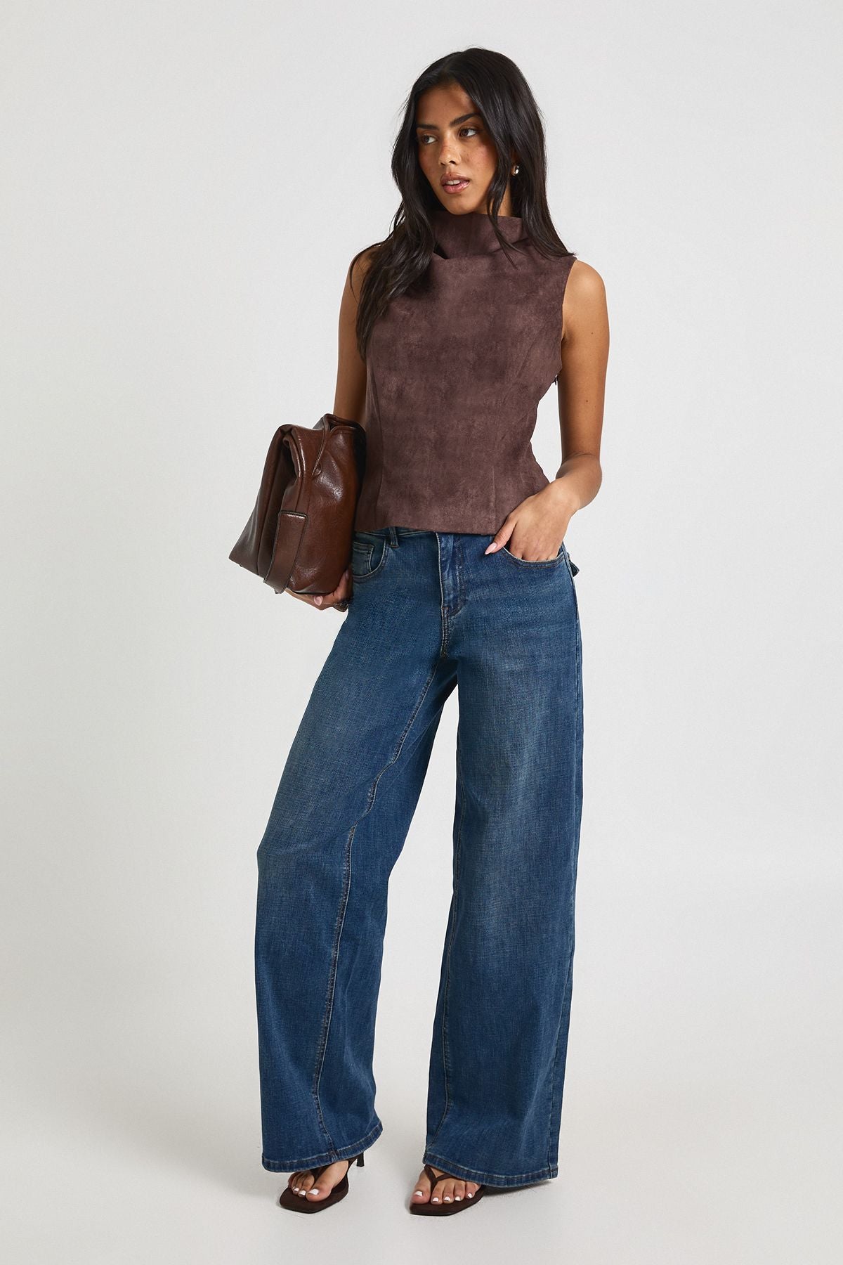 Faux Suede High Neck Cowl Top