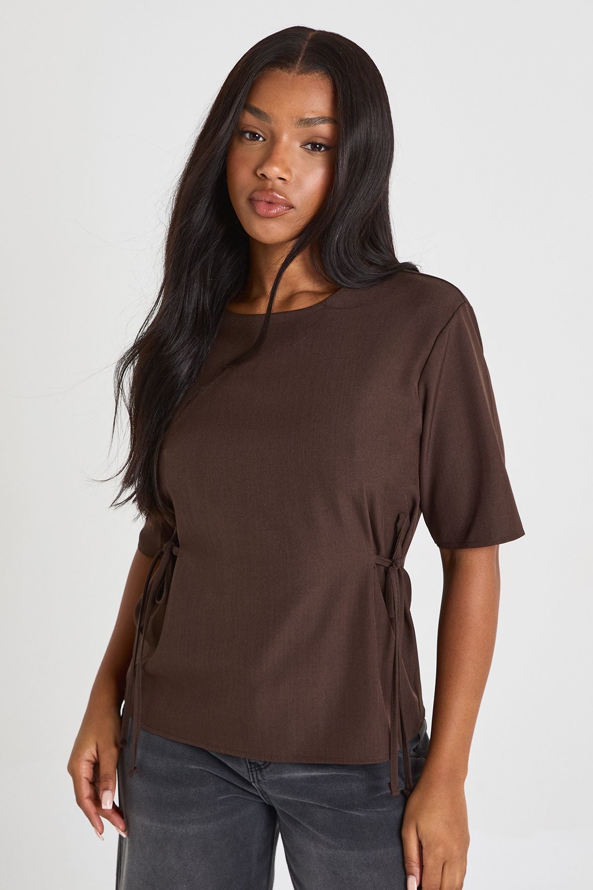Woven Marl Bow Detail Cinch Waist Top