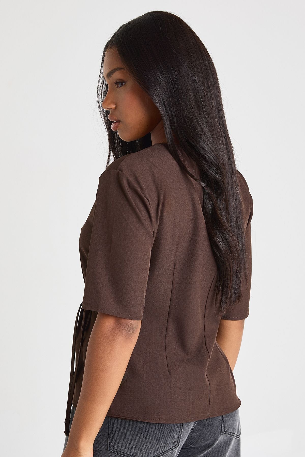 Woven Marl Bow Detail Cinch Waist Top