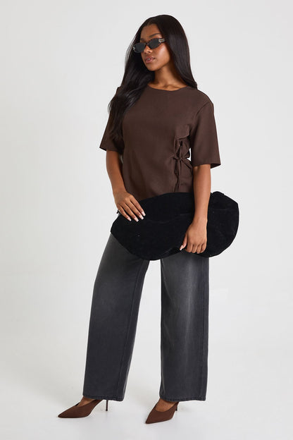 Woven Marl Bow Detail Cinch Waist Top