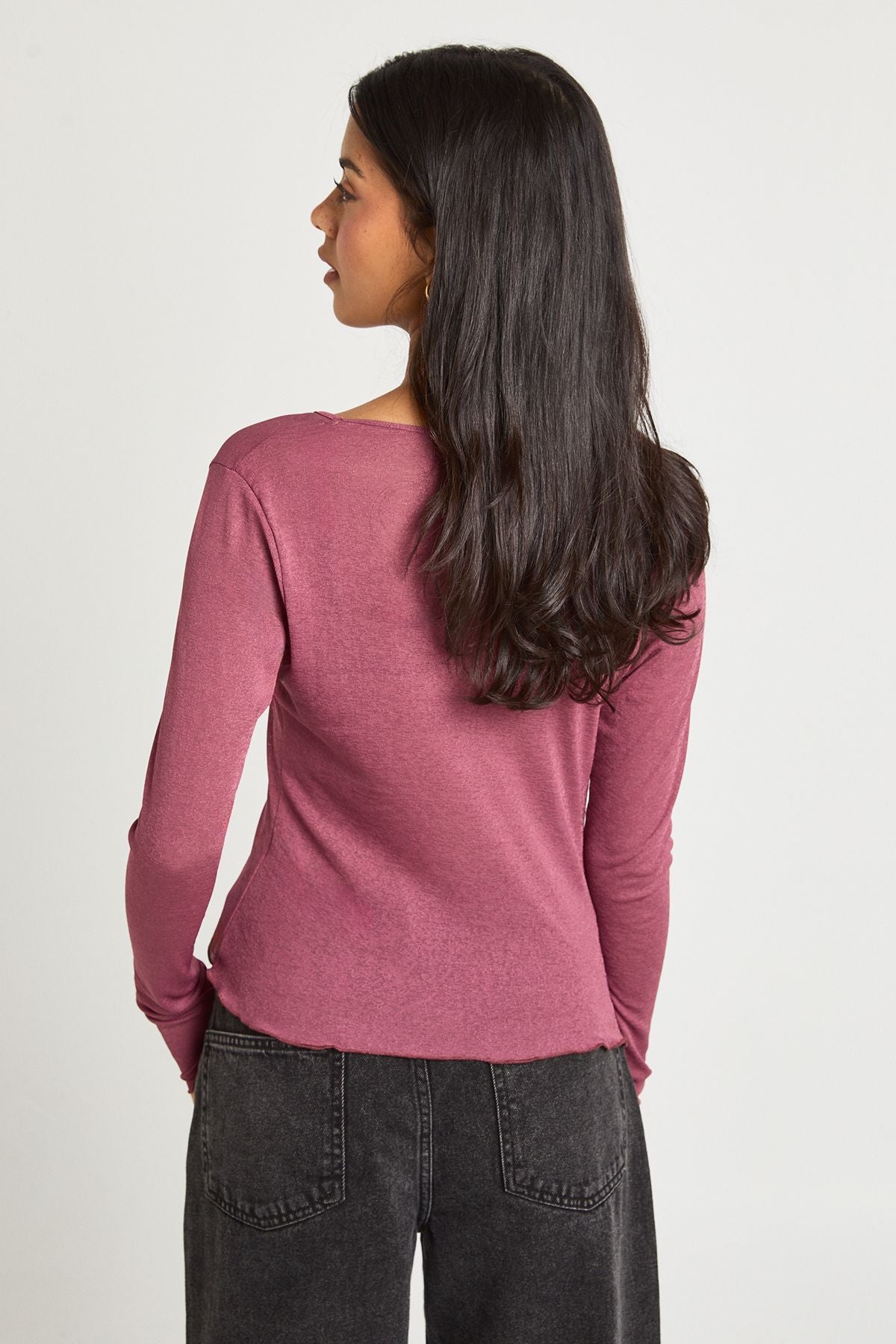 Textured Mesh V Neck Front Long Sleeve Top