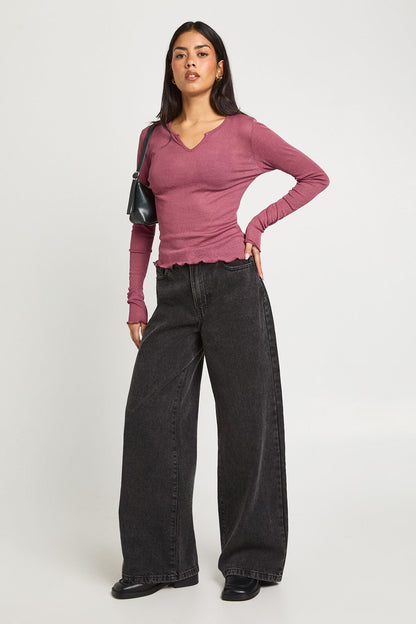 Textured Mesh V Neck Front Long Sleeve Top