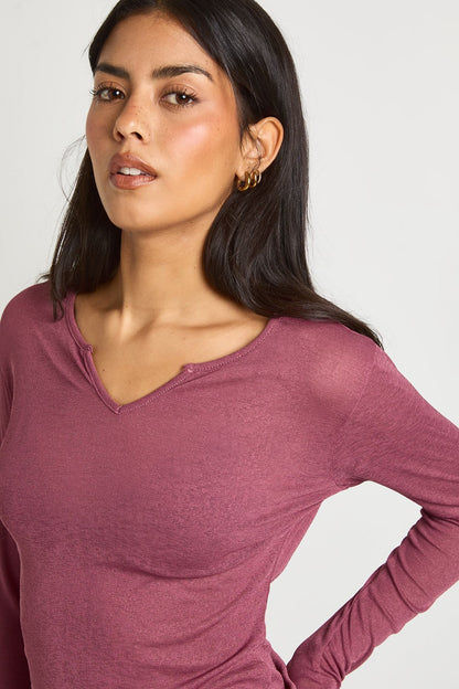 Textured Mesh V Neck Front Long Sleeve Top