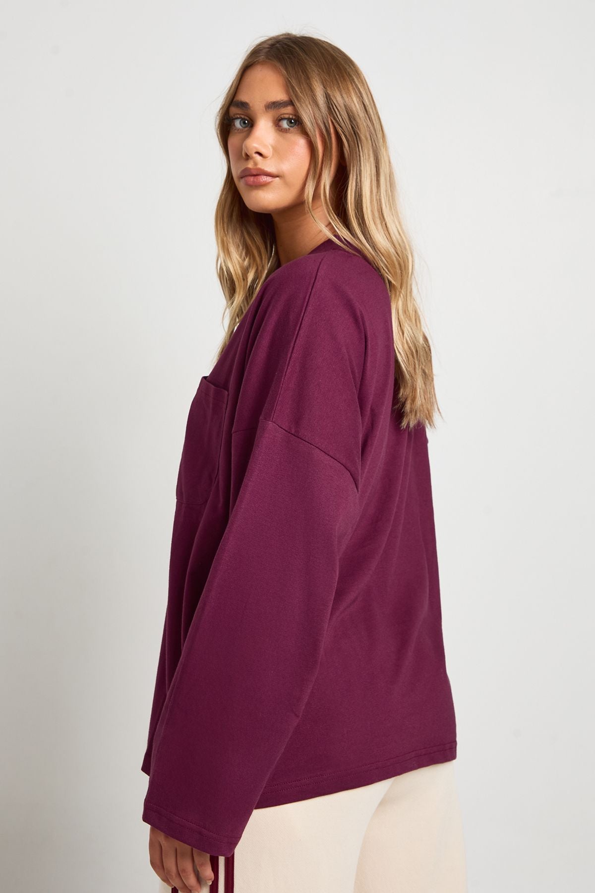 Cotton Pocket Front Long Sleeve Top