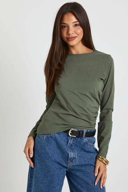 Boat Neck Ruched Asym Hem Top