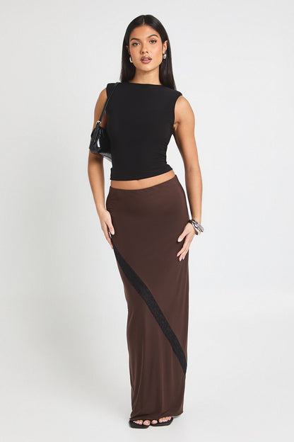 Double Layer Slinky  Lace Trim Midi Skirt