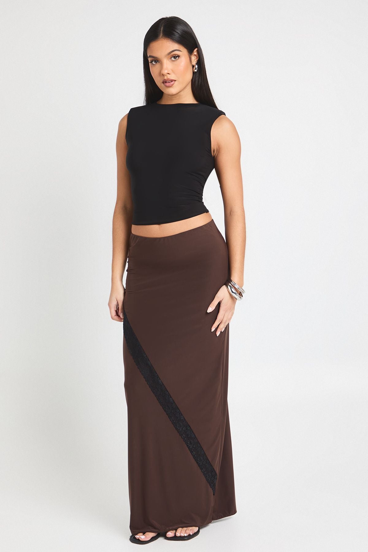 Double Layer Slinky  Lace Trim Midi Skirt