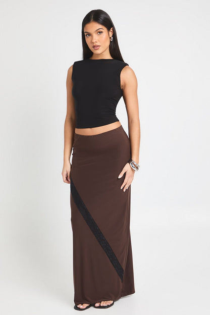 Double Layer Slinky  Lace Trim Midi Skirt