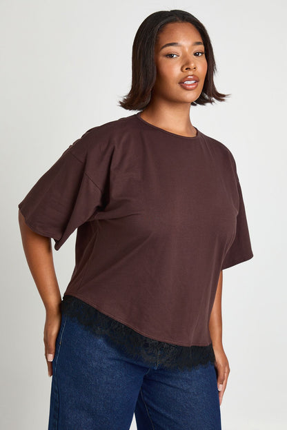 Plus Lace Asym Trim Oversized T-Shirt
