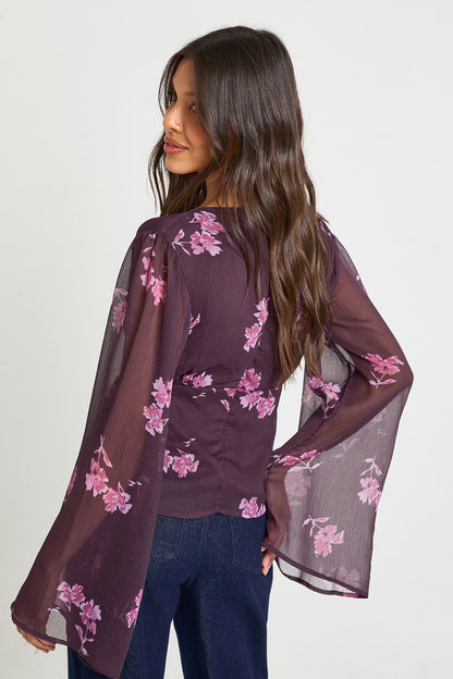 Floral Chiffon Angel Sleeve Blouse