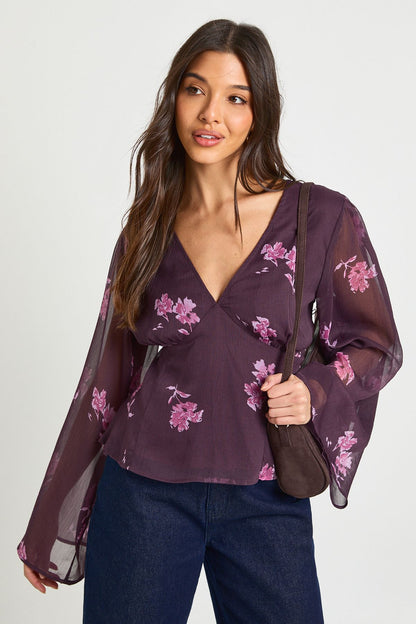 Floral Chiffon Angel Sleeve Blouse