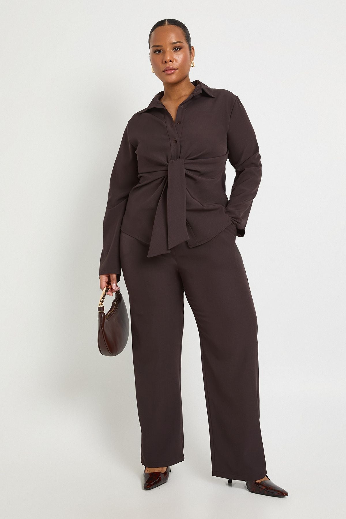 Plus Tied Front Woven Shirt And Wide Leg Trouser