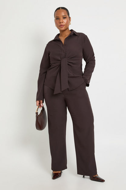 Plus Tied Front Woven Shirt And Wide Leg Trouser