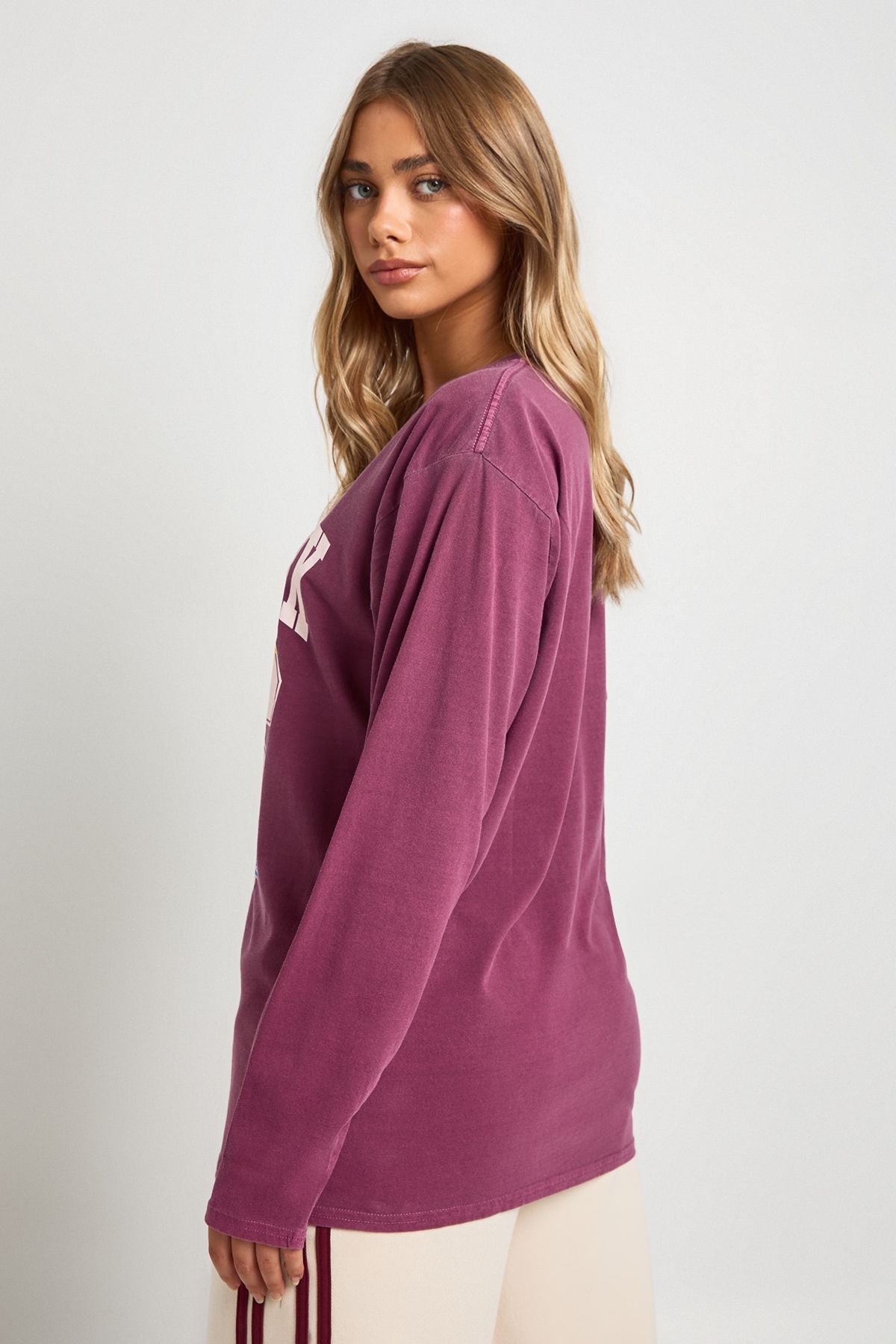 Stickered Varsity Printed Oversized Long Sleeve T-Shirt