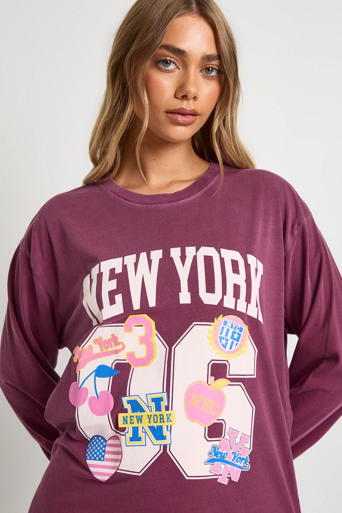 Stickered Varsity Printed Oversized Long Sleeve T-Shirt