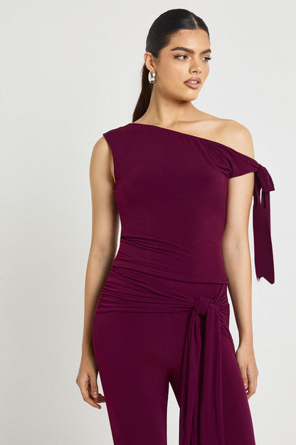 Double Layer Slinky Asym Shoulder Knot Detail Top