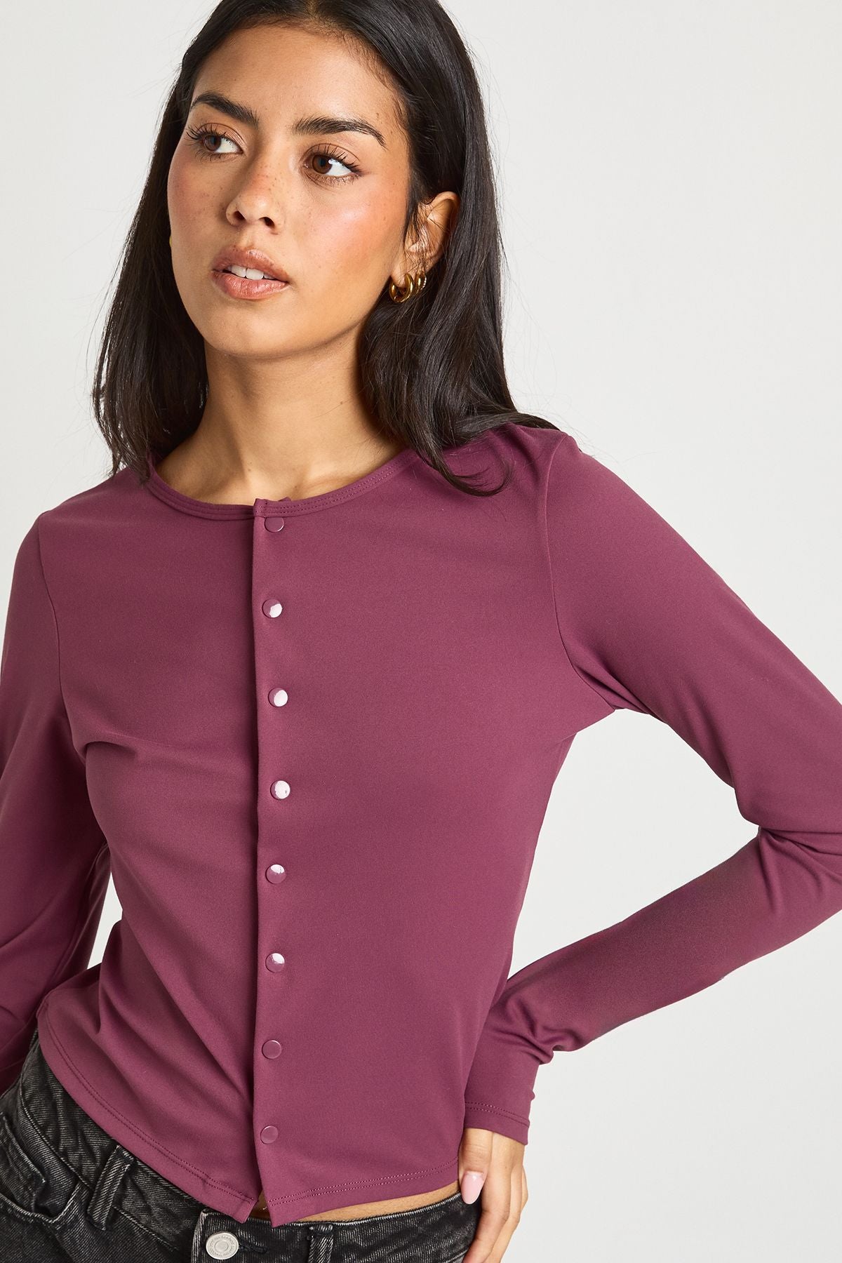 Peached Sculpt Popper Through Long Sleeve Top