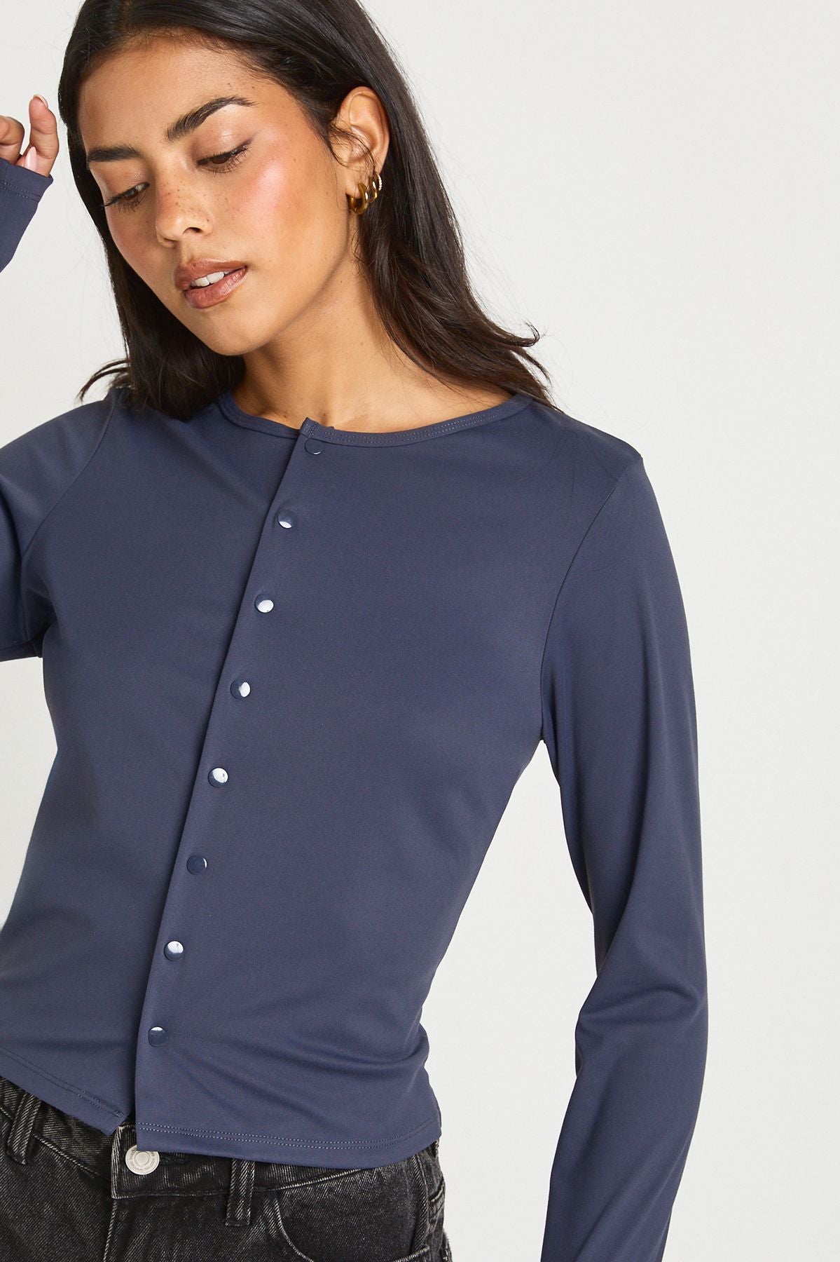 Peached Sculpt Popper Through Long Sleeve Top