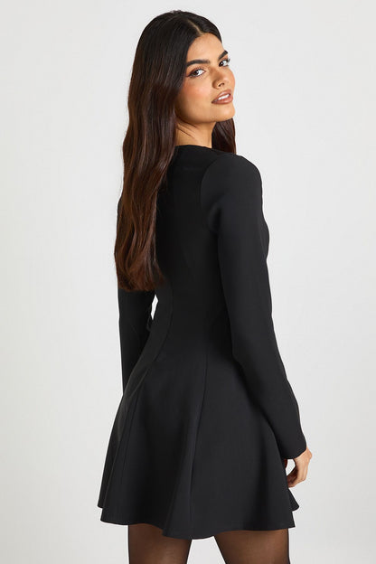Seam Detail Long Sleeve Flared Hem Mini Dress