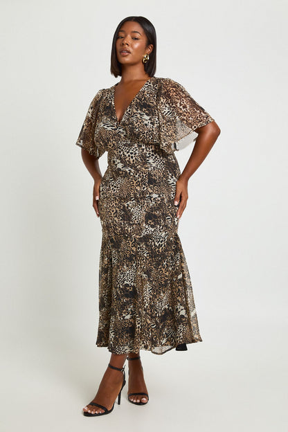 Plus Leopard Angel Sleeve Midaxi Dress