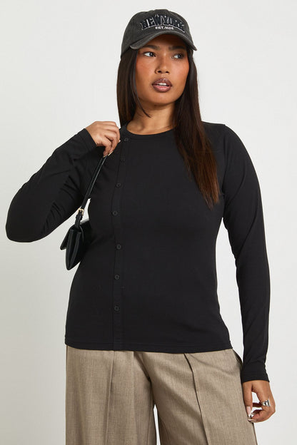 Plus One Side Button Down Long Sleeve Top